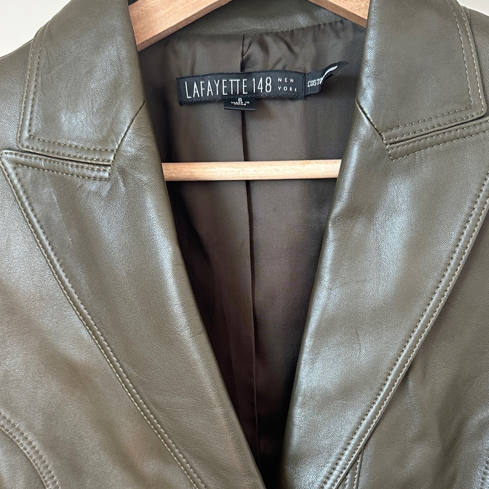 Lafayette 148 New York Dark Olive Leather Lambskin Blazer - Picture 2 of 9